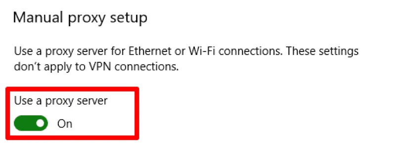 Windows manual proxy setup with the proxy server option enabled