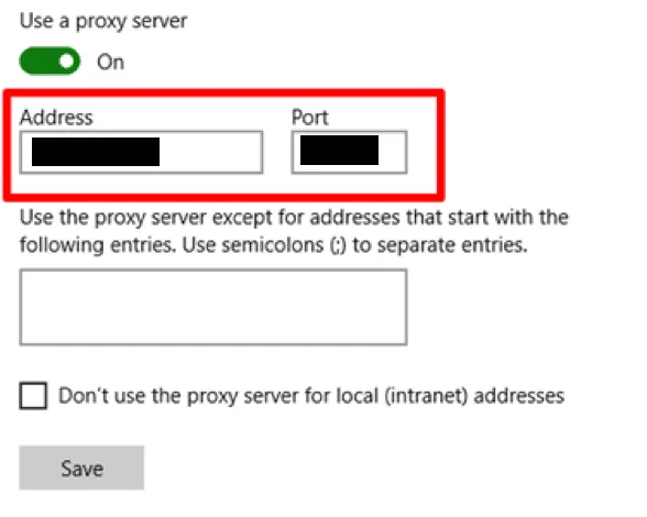 Windows proxy settings with fields for the proxy server IP address and port
