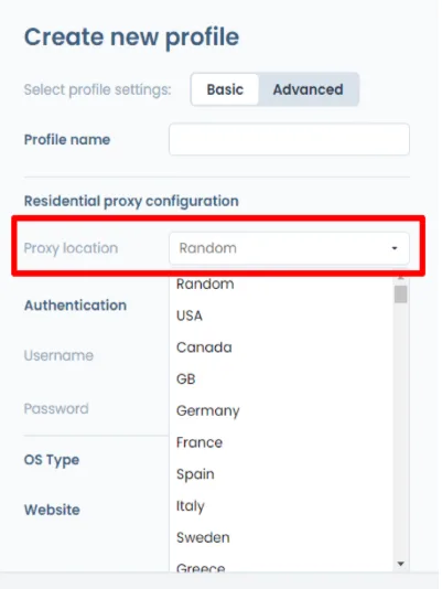 X-Browser profile settings with the Proxy Location option for selecting the proxy country