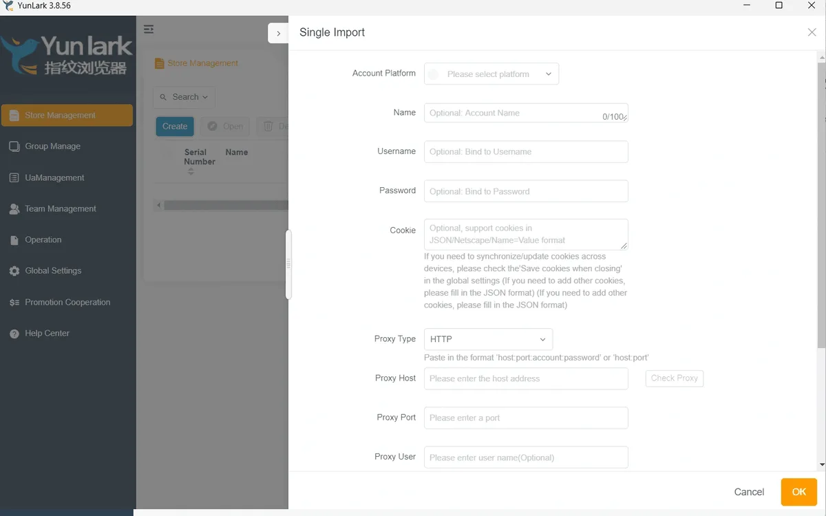 Панель Single Import в Yunlark с полями Account Platform, Name, Username, Password, Cookie и Proxy Type