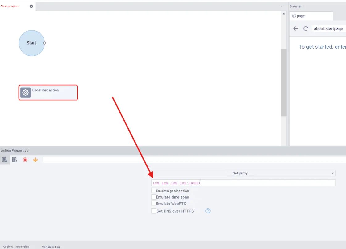 ZennoPoster ProjectMaker canvas with an Undefined action block and its Action Properties set to Set proxy with the line 123.123.123.123:10000